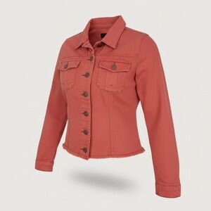 KUT from the Kloth Kara Cropped Spring Denim Jacket Coral Frayed Hem Raw Hem M